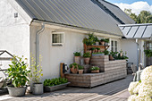 An outdoor wooden kitchen with various potted herbs