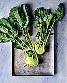 Fresh kohlrabi on a baking tray