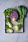 Fresh kohlrabi, parsley, red cabbage and bok choy