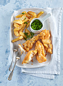 Fish and chips with parsley dip