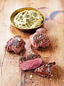 Lamb rump steaks made in a Beefer with oriental aubergine cream