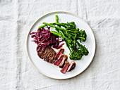 Rump steak with broccolini and red wine shallots