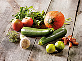 An arrangement of fruit, vegetables and herbs