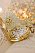 White chrysanthemum and gold pocket watch