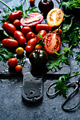 Tomatoes and green leaves