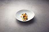 Cheddar cream with beer cereals and chorizo crisps