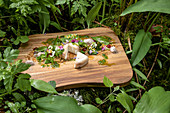 A wild herb salad with farmer's cheese and honey
