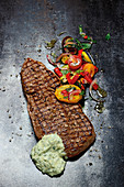 Grilled hip steak ratatouille salad and herb aioli