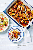 Sticky apricot chicken with rainbow rice