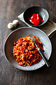 Spaghetti all amatriciana with chorizo, chilli and preserved peppers