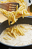Penne pasta with a creamy porcini mushroom sauce