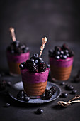 Yoghurt chia pudding with cocoa and blueberry layer, blueberries and blackberries