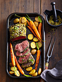 London roast beef with carrots and potatoes