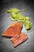Grilled rump steak with algae salt and a coriander and cucumber salad