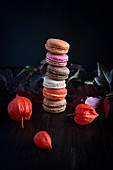 Stack of French macaroons in autumn colors