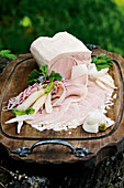 Slow-cooked smoked ham with radish and horseradish