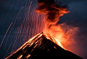 Volcan de Fuego erupting at night, Guatemala