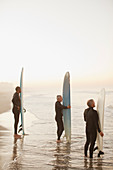 Older surfers holding boards on beach