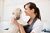 Groomer holding dog in office