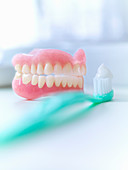 Close up of dentures and toothbrush