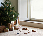 Train set and Christmas gifts under tree