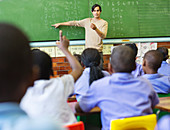 Teacher talking to students at chalkboard