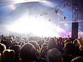 Fans facing illuminated stage