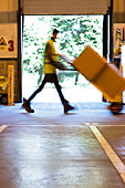 Blurred view of worker carting boxes