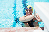 Swimmer poised to start in swimming pool