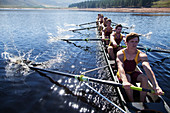 Rowing team rowing scull on lake