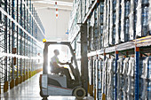 Worker operating forklift in warehouse