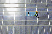 Worker examining solar panel