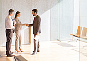 Business people shaking hands lobby