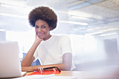 Businesswoman smiling at desk in office