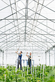 Workers adjusting sprinklers