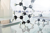 Molecular model and tablet on counter