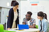 Students using laptop with their teacher