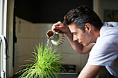 Man in kitchen, using jug, watering plant