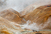 Steam arising from geothermal mountains