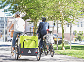 Families riding bicycles