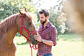 Man petting horse muzzle