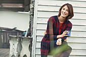 Portrait brunette woman drinking coffee