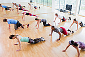 High angle view of exercise class