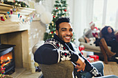 Portrait smiling man enjoying Christmas