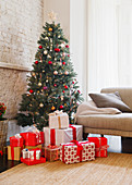 Christmas tree and gifts in living room
