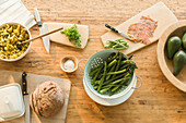 Lox, asparagus, pasta, bread and butter