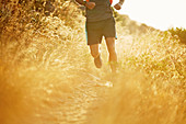 Man running on sunny trail through tall grass