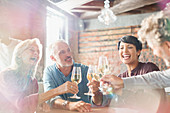 Friends toasting white wine glasses