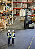 Forklift and workers meeting