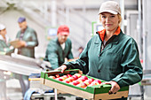 Female worker carrying box of apples